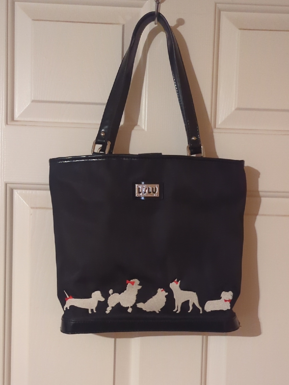 Black Shoulder Tote with White Dog Motif